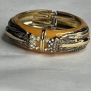 Vintage Gold & Amber Beetle Insect Clamper Bracelet With Rhinestone Accents RARE